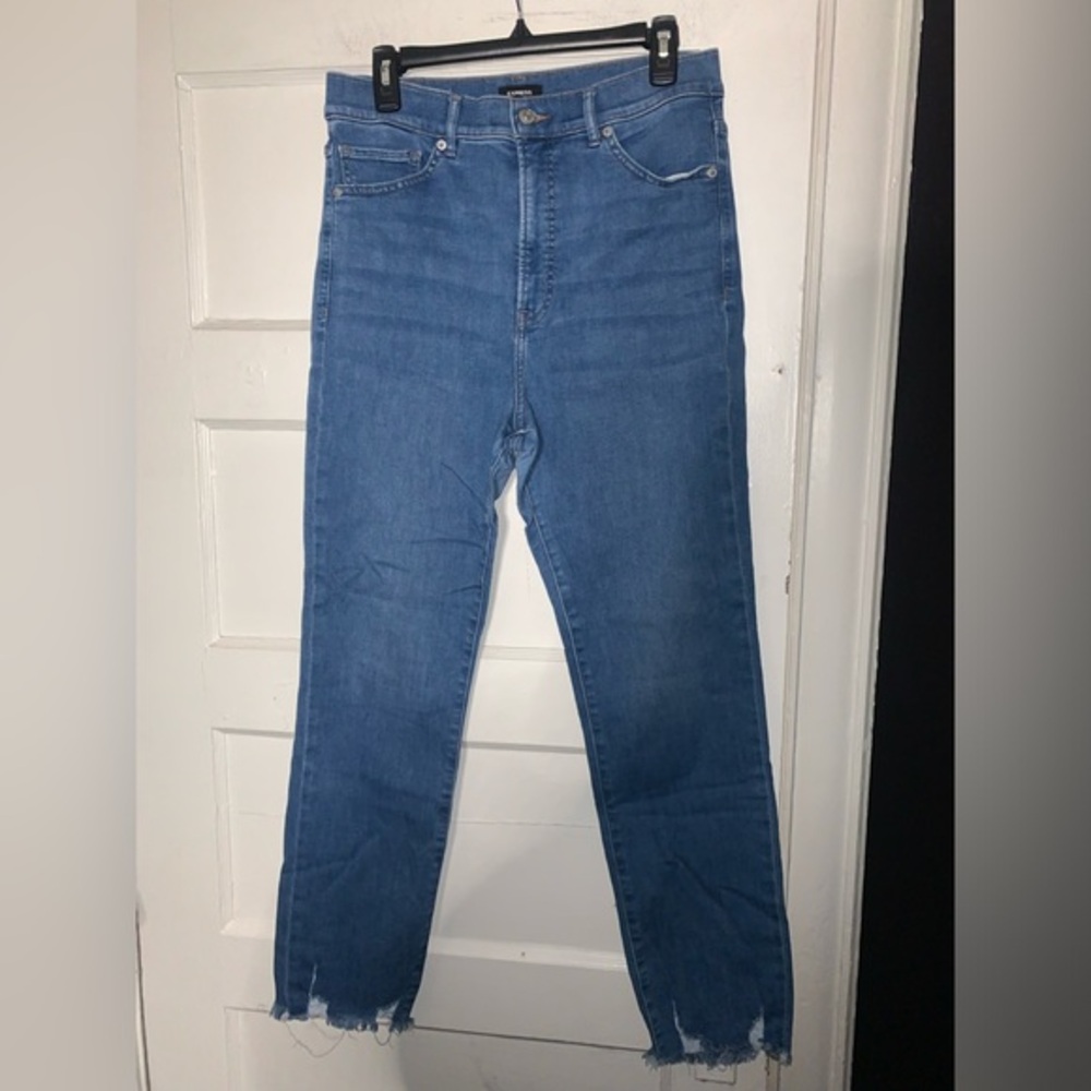 Express blue wash‎ raw hem super high rise slim jeans size 12 long